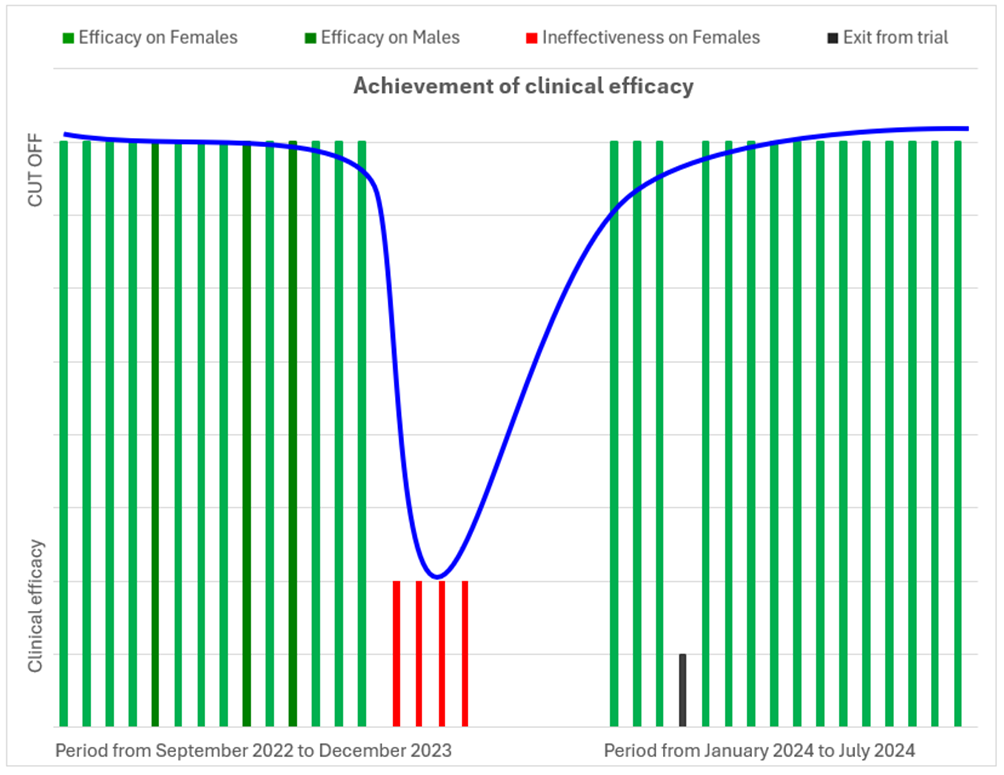 Figure 1. Trend of clinical efficacy of SCDSF factors in patients with central vertigo, divided into the two observation periods (September 2022 – December 2023 and January 2024 – July 2024).